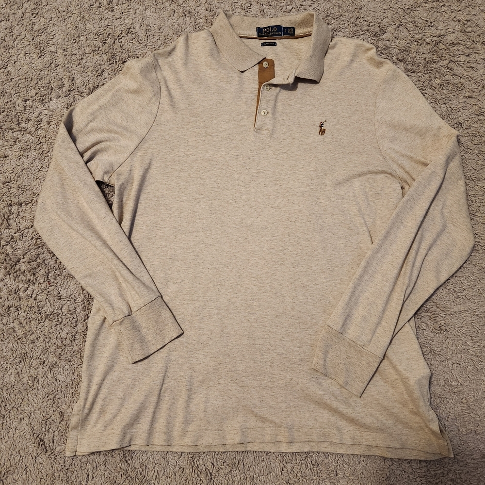 MEN'S LARGE POLO by RALPH LAUREN LS TAN SHIRT IN EUC!!